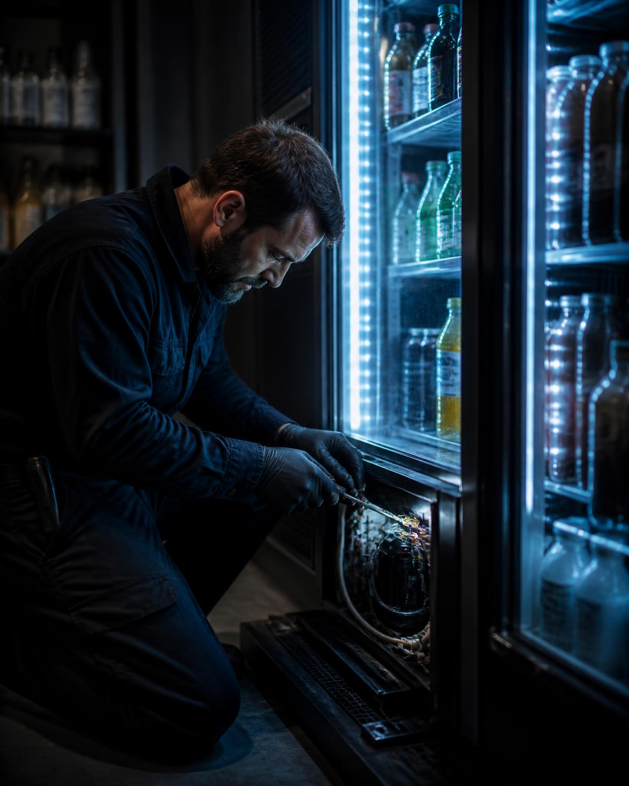Técnico da KingTec realizando manutenção em geladeira expositora comercial